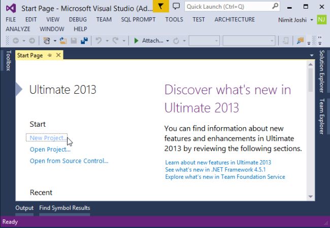 Visual Studio 2013 Start Page